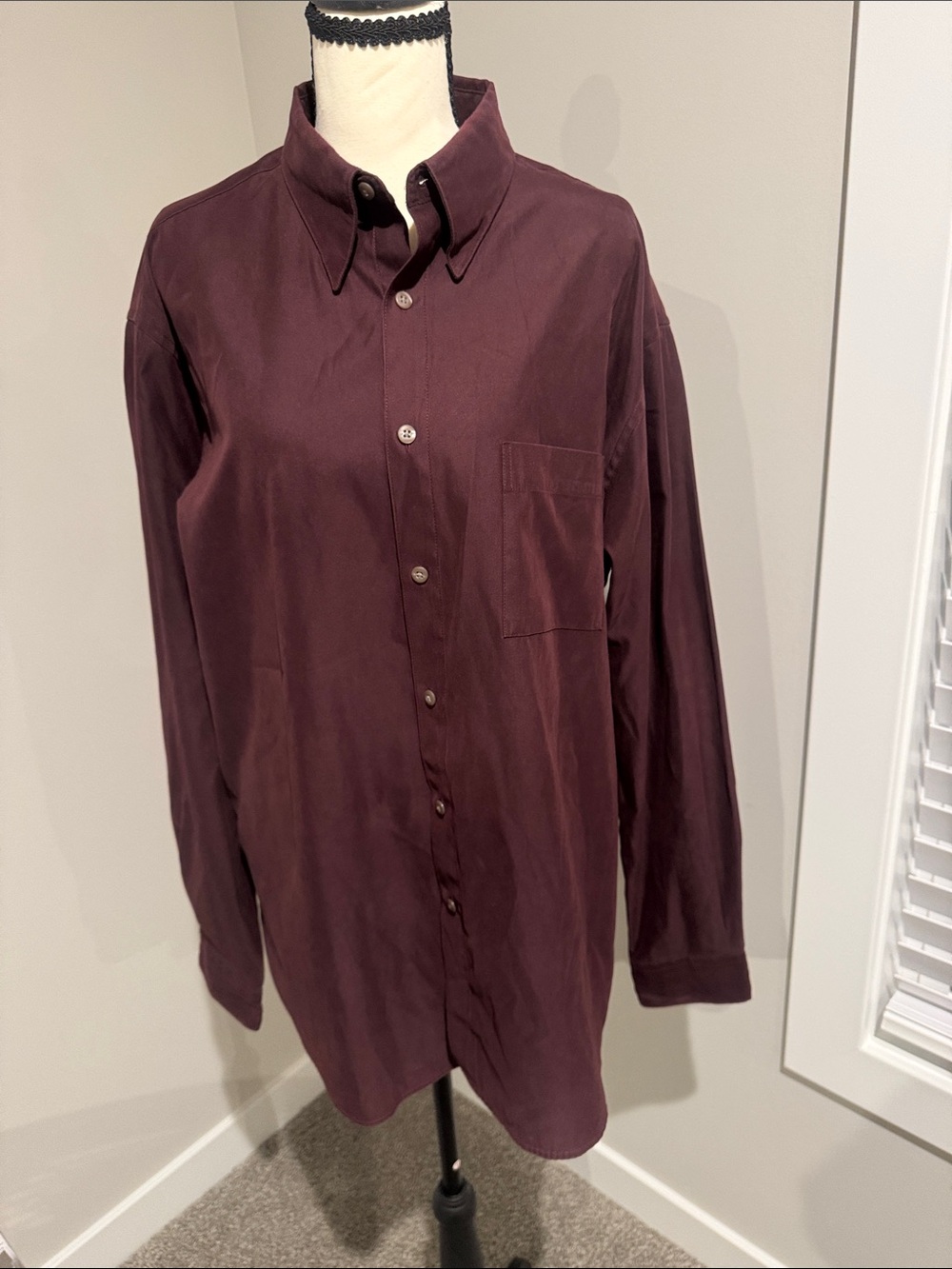 Classic Men's Button-Up Shirt in Deep Burgundy. Feels like suede. Vintage